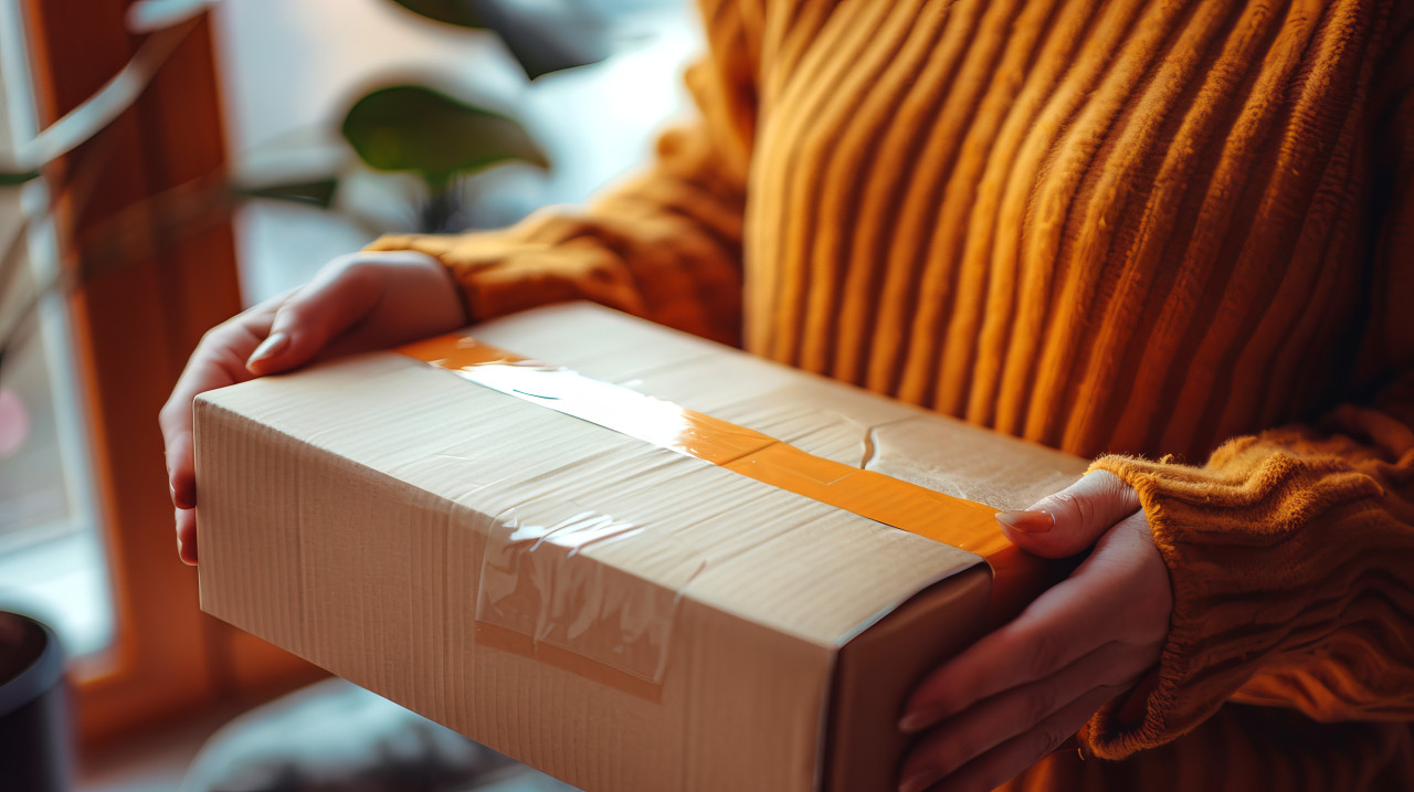 Close-up of hands holding a cardboard package with orange tape. Concept of delivery, online shopping, shipping, and unboxing.