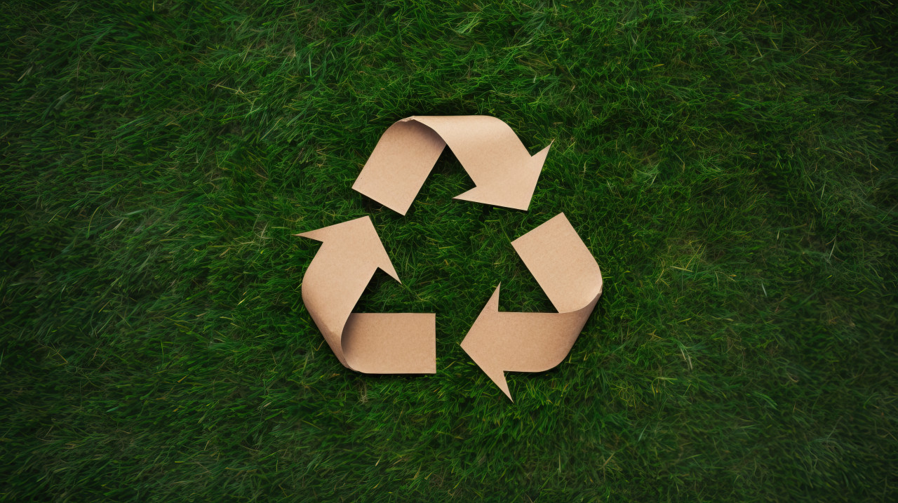 Recycling symbol cut out of kraft paper on green grass, top view Photography, using a Canon EOS 5D Mark IV with a 24-105mm lens, aperture f/4.0, --ar 16:9 --v 5.2 Job ID: 09681135-0daf-44fa-9645-8bf11ffe8419