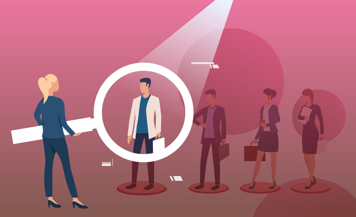 Woman holding magnifying glass and picking man. HR professional, employer, candidate. Human resource concept. Vector illustration can be used for topics like recruiting, personnel selection, search